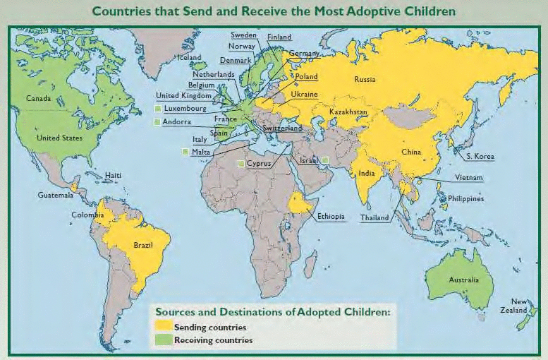 Kraje, które wysyłają, i kraje, które przyjmują najwięcej dzieci z adopcji. Źródło: Greenblatt, A., "International adoptions: The Issues".